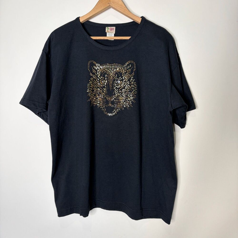 Vintage Cactus T-Shirt Crewneck Rhinestones Leopard Cat Face Short Sleeve Large